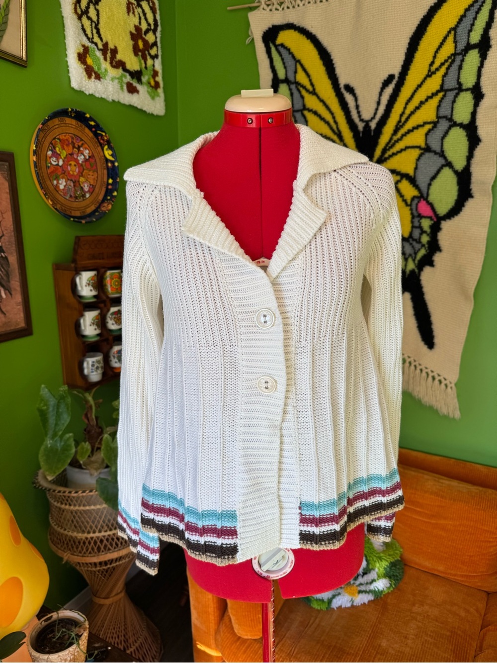 Cream Ribbed Button-Front Sweater with Multi-Stripe Hem